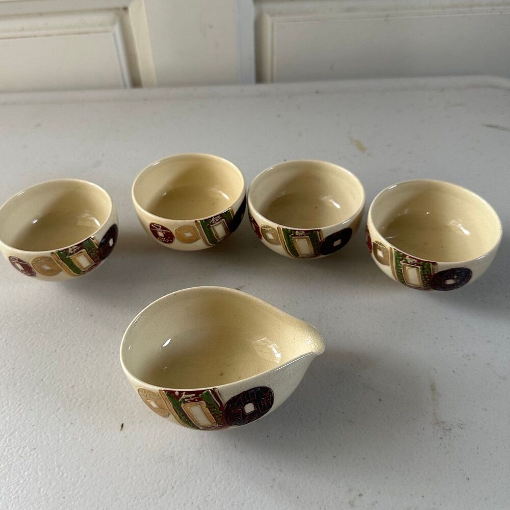 Vintage Japanese Kiyomizu-yaki Hand Painted 4 Tea 1 Creamer Cup Pottery Gojosaka